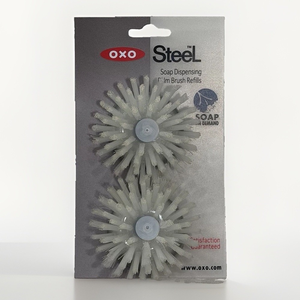 OXO Steel Soap Dispensing Palm Brush Refills, White/Gray Nylon Bristles, 2 Pack